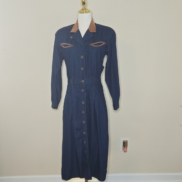 Vintage Liz Claiborne Denim Western Dress Size 2P Corduroy Trim 100% Cotton - Picture 2 of 13